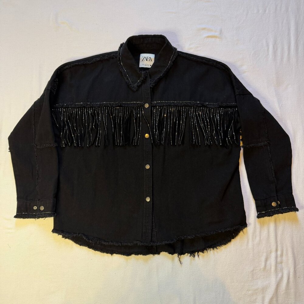 Zara Black Shiny Fringe Denim‎ Jacket Small 100% Cotton